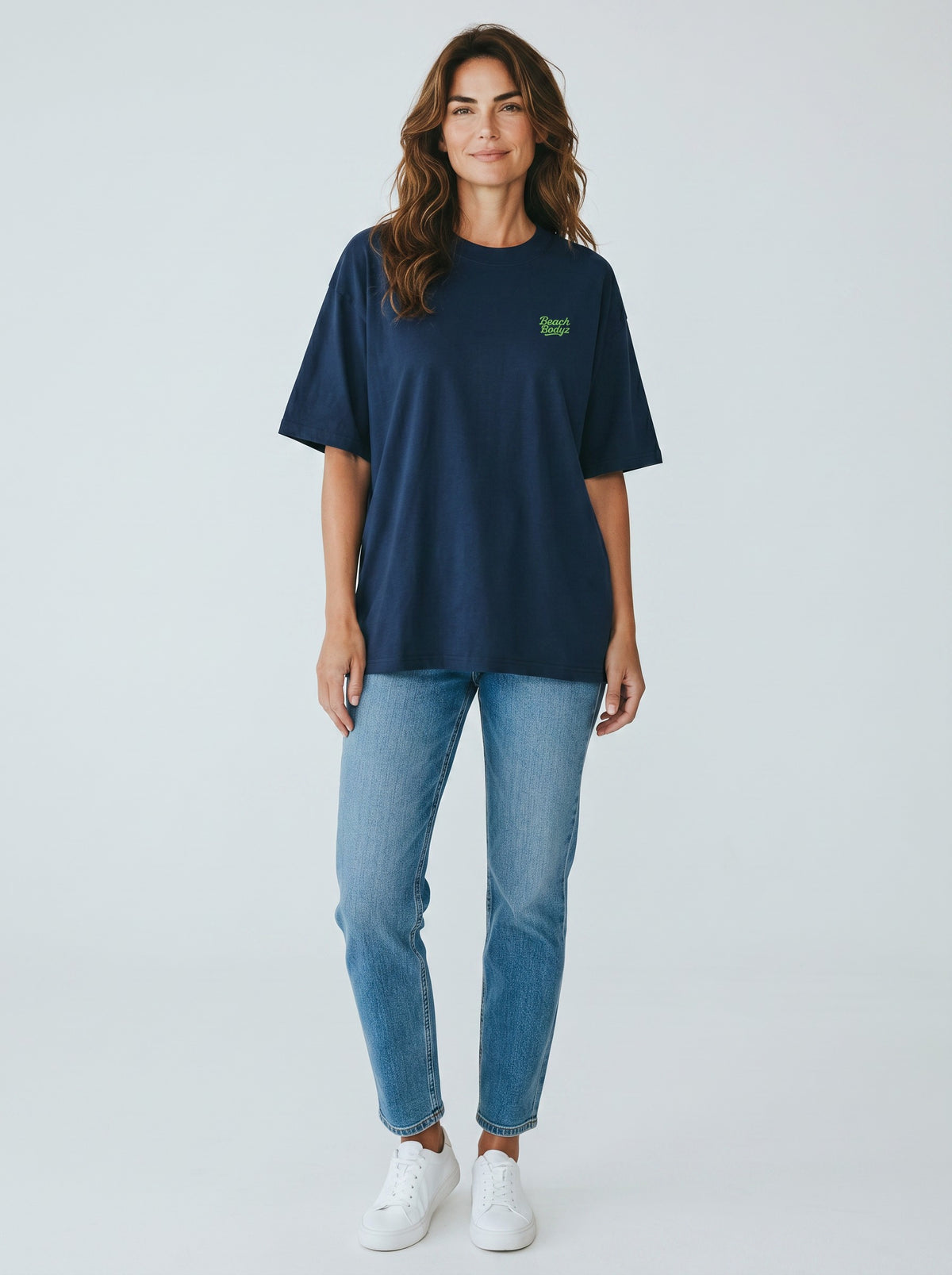 BeachBodyz® navy blue oversized t-shirt made from organic cotton with a small green embroidered logo on the chest.