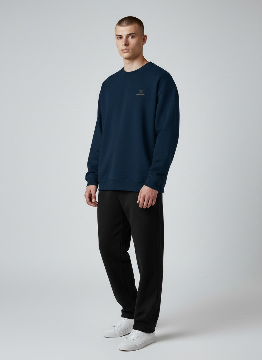 BeachBodyz® navy blue oversized sweatshirt made from organic cotton with subtle embroidered logo on chest.