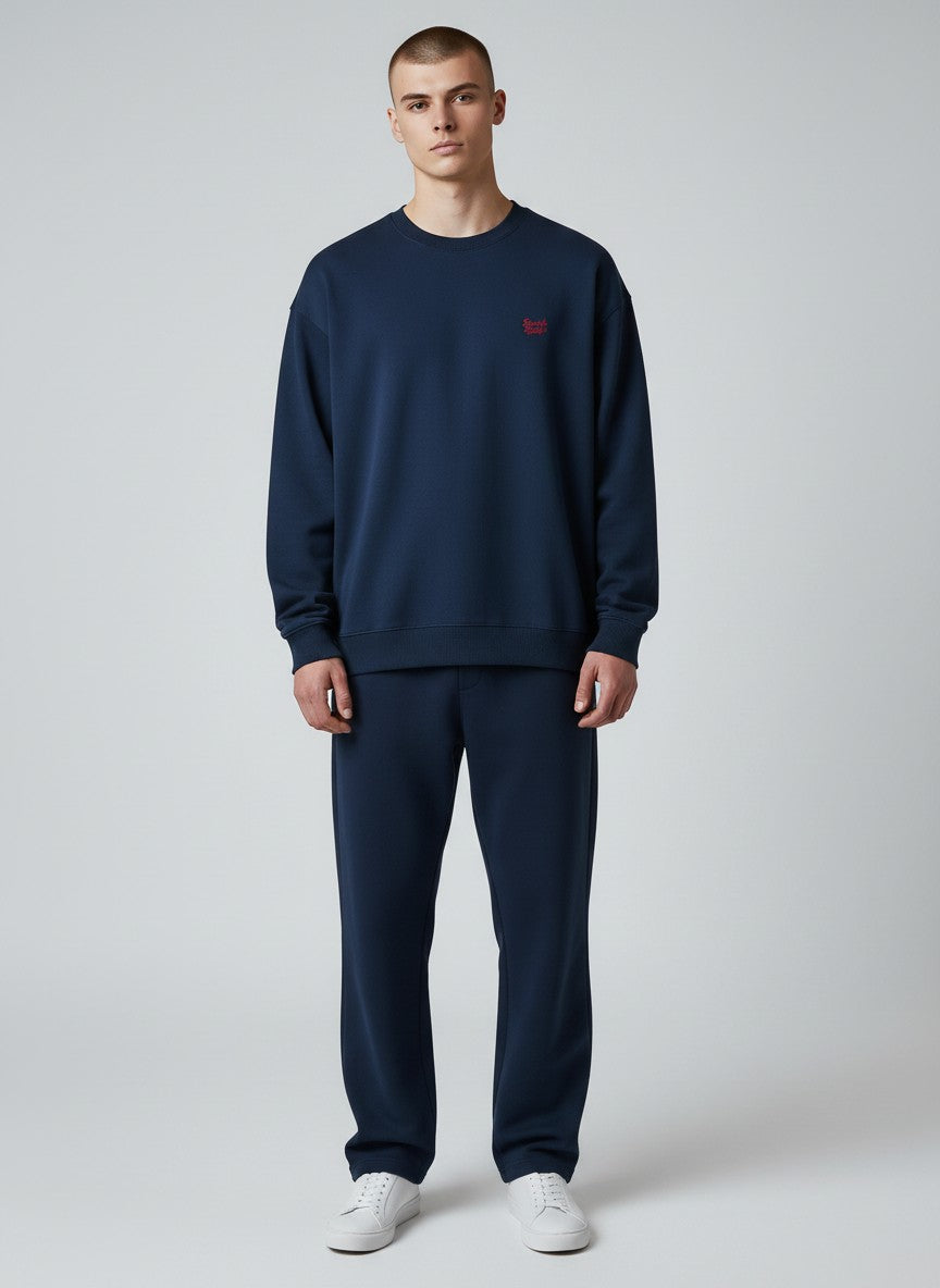 BeachBodyz® navy blue oversized sweatshirt made from organic cotton with a small red embroidered logo on the chest.