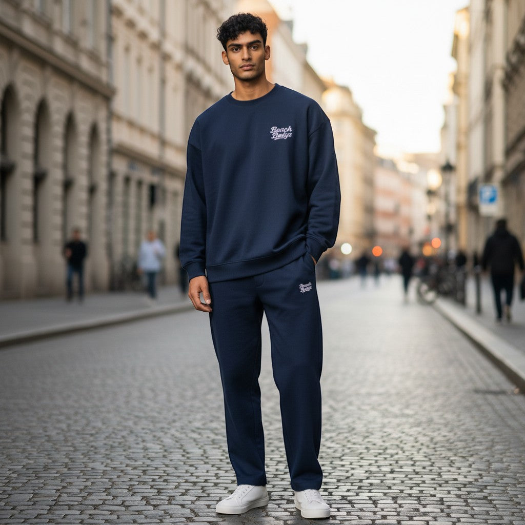 BeachBodyz® navy blue oversized cotton sweatshirt with embroidered white logo on chest. Ribbed cuffs and hem.