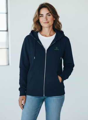 BeachBodyz® navy blue zip-up hoodie with embroidered logo and front pockets. Made from a cotton blend.