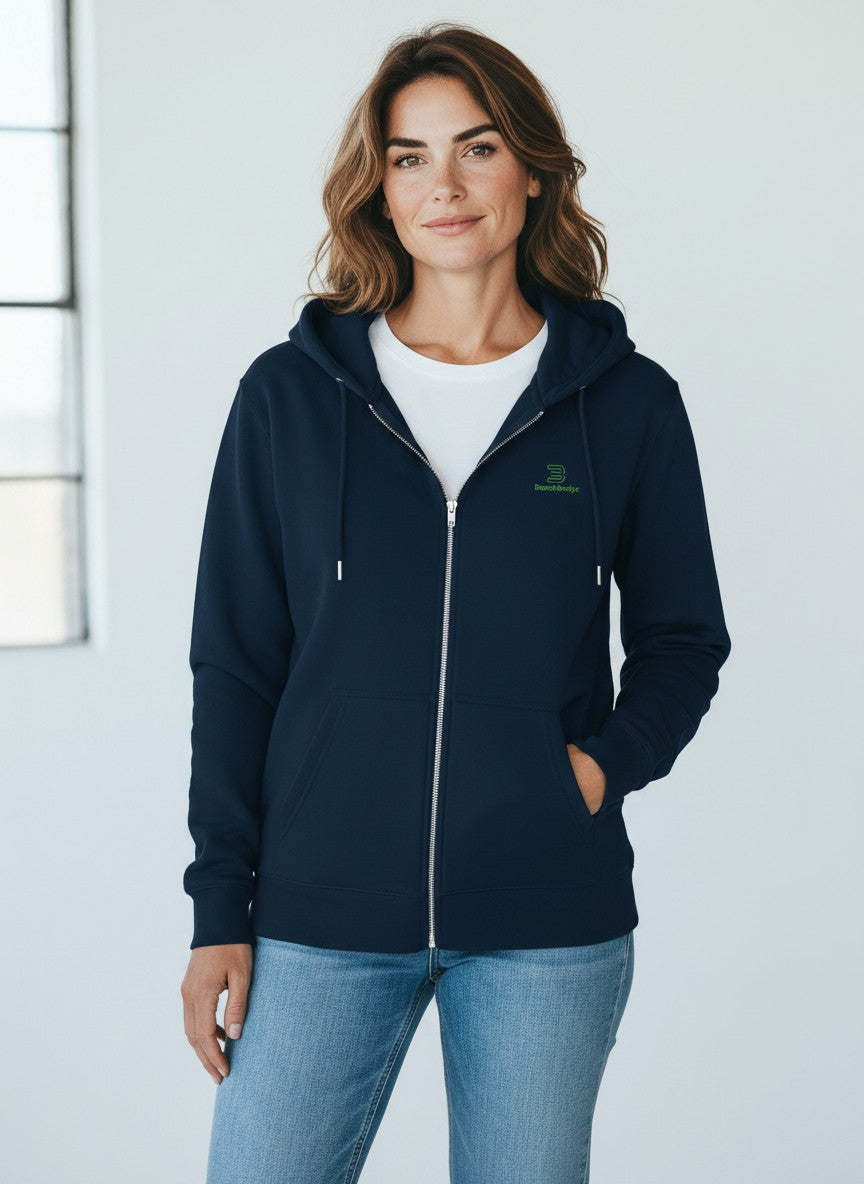 BeachBodyz® navy blue zip-up hoodie with embroidered logo and front pockets. Made from a cotton blend.