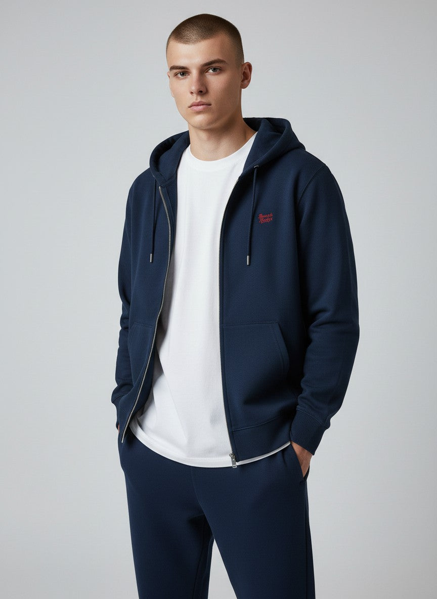 BeachBodyz® navy blue zip-up hoodie with red embroidered logo on chest, drawstring hood, and front pockets.