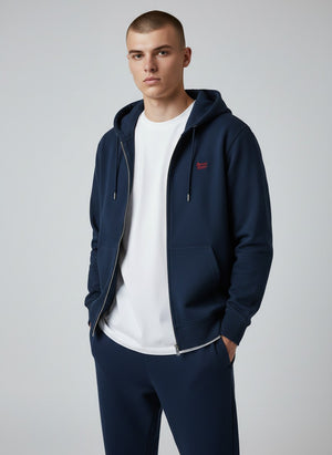 BeachBodyz® navy blue zip-up hoodie with red embroidered logo on chest, drawstring hood, and front pockets.