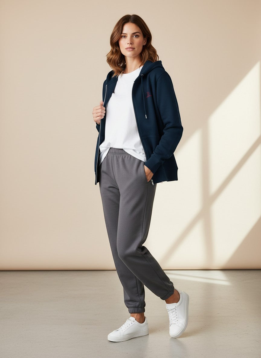 BeachBodyz® navy blue zip-up hoodie with embroidered logo on chest and front pockets. Made from organic cotton.