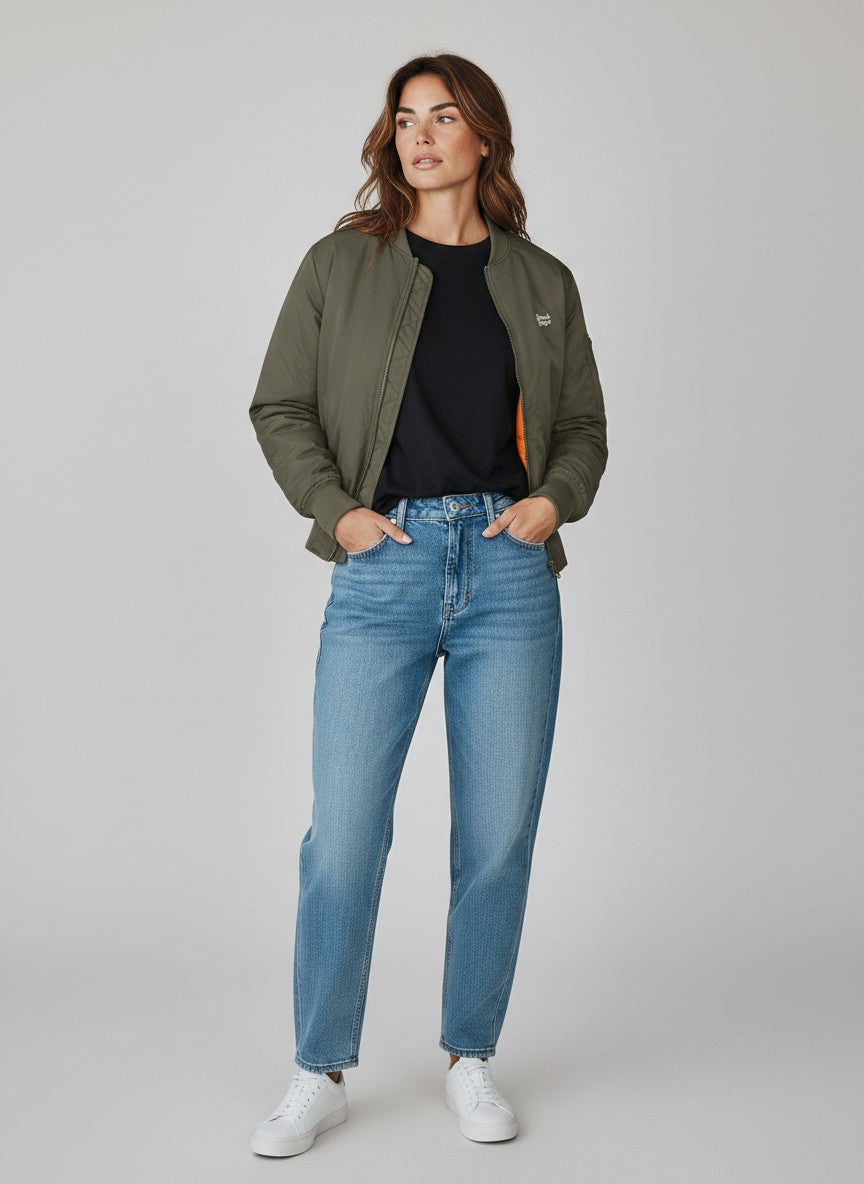 BeachBodyz® olive green bomber jacket with orange lining, zip closure, and sleeve pocket. Made from durable synthetic fibers.