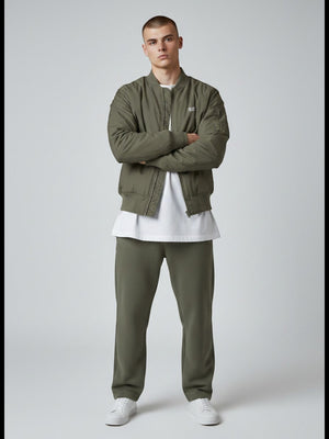 BeachBodyz® olive green bomber jacket for men and women with orange lining and zip pockets.