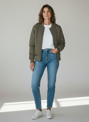 BeachBodyz® olive green unisex bomber jacket with orange lining, zip closure, and elastic cuffs.