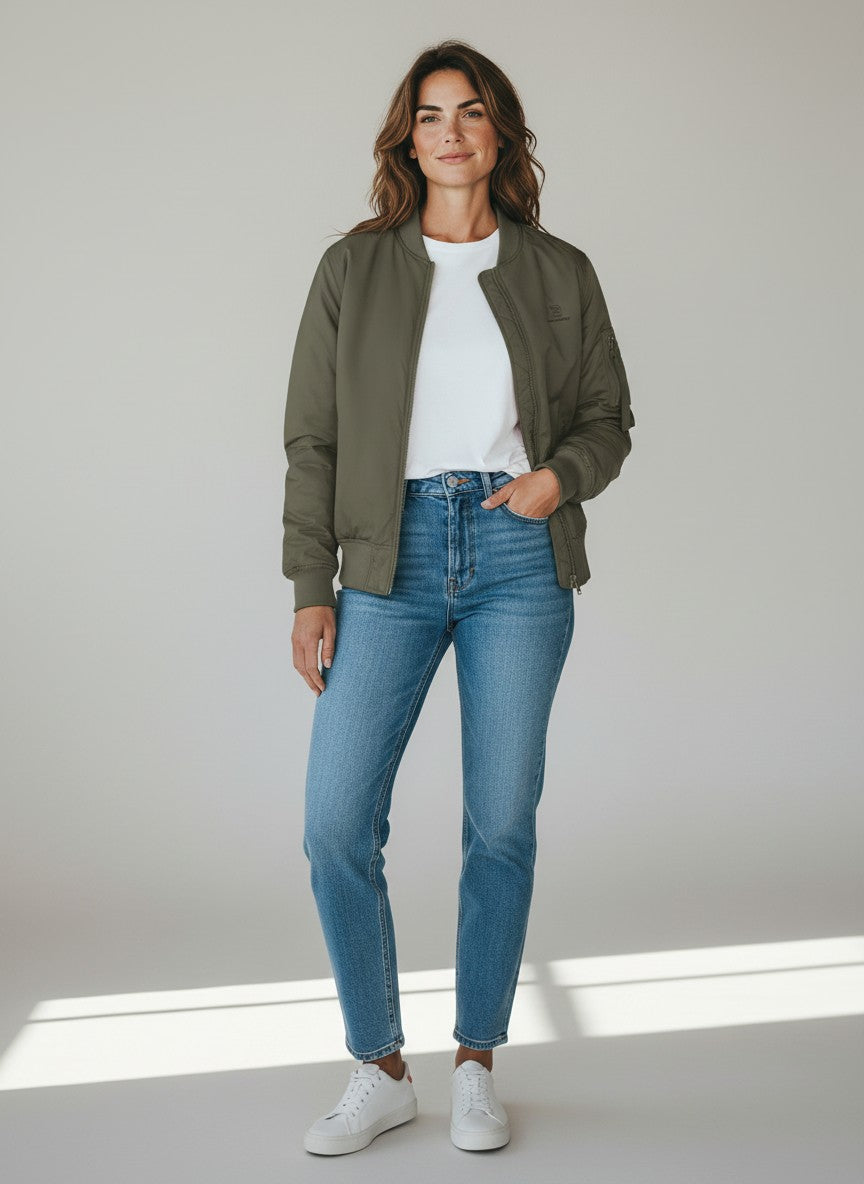 BeachBodyz® olive green unisex bomber jacket with orange lining, zip closure, and elastic cuffs.