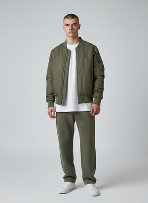 BeachBodyz® olive green bomber jacket for men and women with red logo embroidery and orange lining.