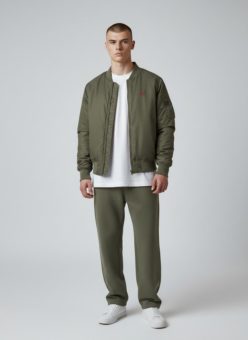 BeachBodyz® olive green bomber jacket for men and women with red logo embroidery and orange lining.