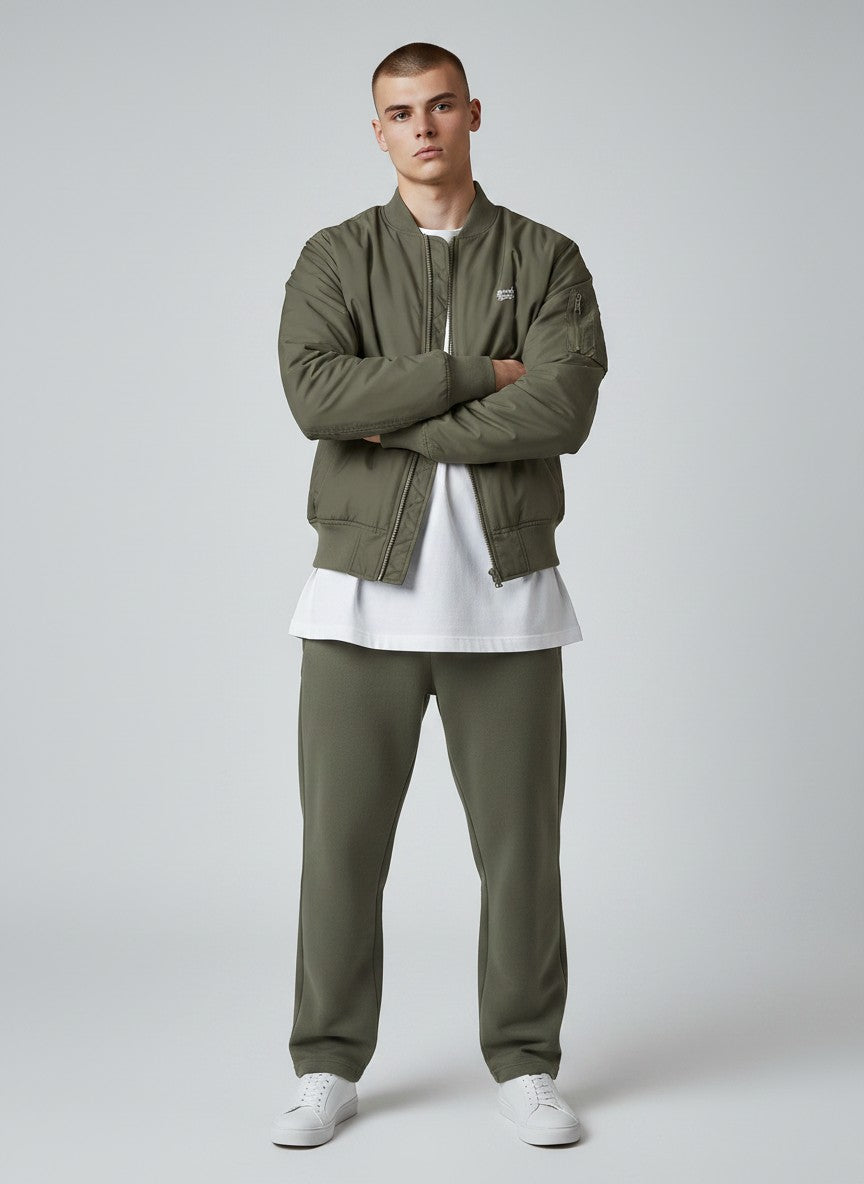 BeachBodyz® olive green bomber jacket for men and women with orange lining and zip pockets.