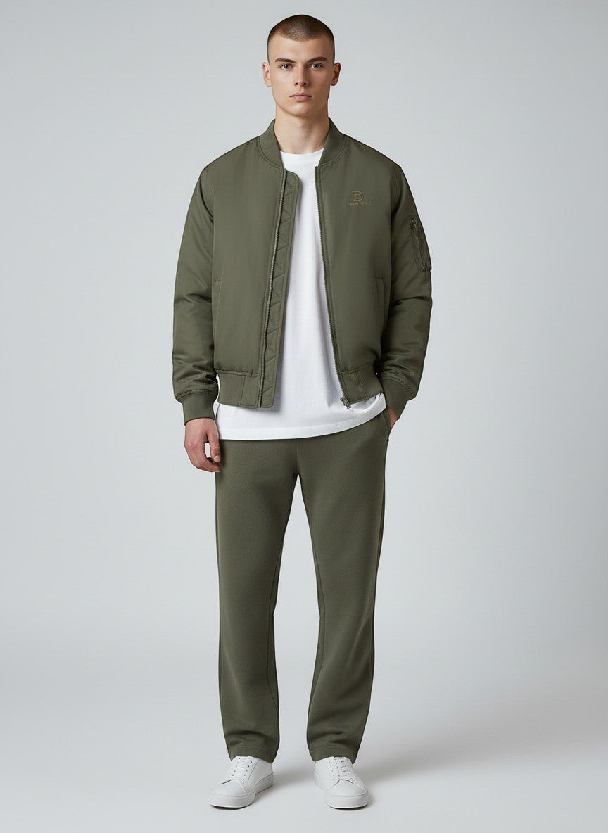 BeachBodyz® olive green bomber jacket with zip pockets and embroidered logo. Unisex streetwear style.