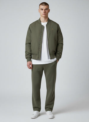 BeachBodyz® olive green bomber jacket with zip pockets and embroidered logo. Unisex streetwear style.