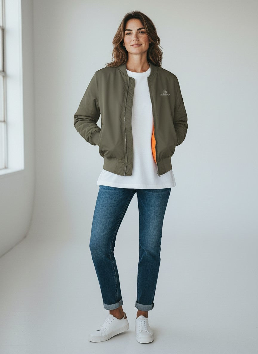 BeachBodyz® olive green bomber jacket for men and women with orange lining and zippered pockets. Classic streetwear style.
