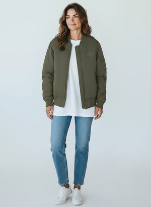 BeachBodyz® olive green bomber jacket for men and women with zip pockets and embroidered logo.