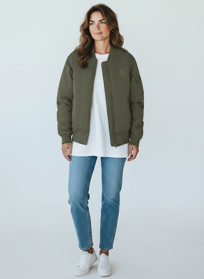BeachBodyz® olive green bomber jacket for men and women with zip pockets and embroidered logo.