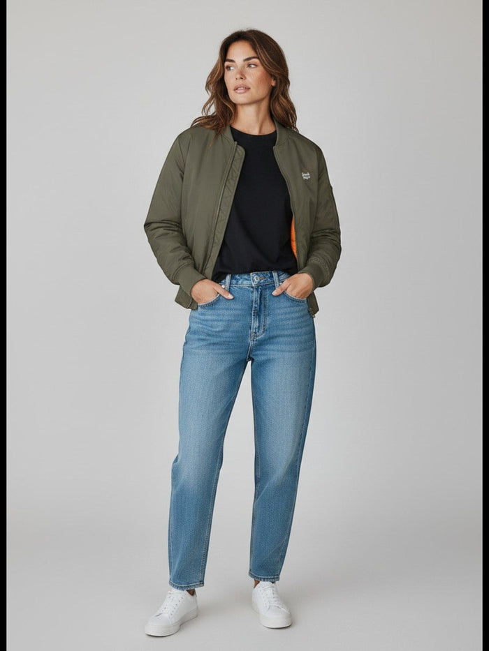 BeachBodyz® olive green bomber jacket with orange lining, zip closure, and sleeve pocket. Made from durable synthetic fibers.