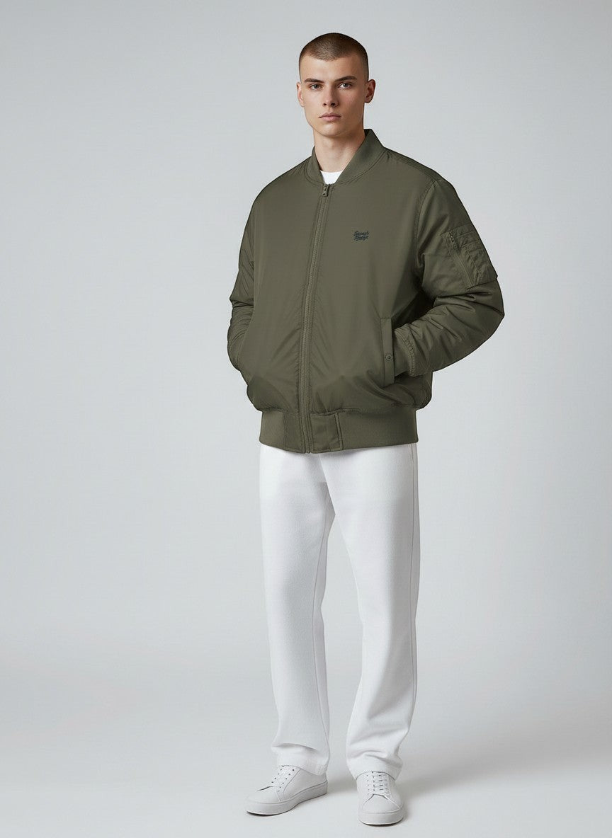 BeachBodyz® olive green bomber jacket for men and women with orange lining and zippered sleeve pocket.