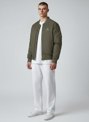 BeachBodyz® olive green bomber jacket for men and women, featuring a zip closure and orange lining.