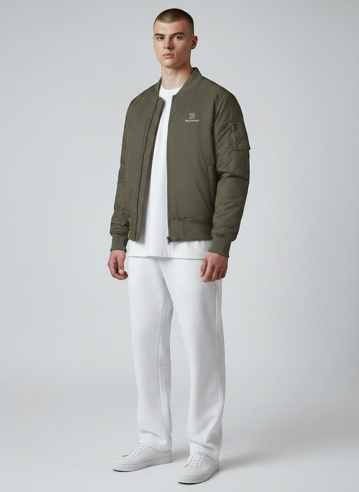 BeachBodyz® olive green bomber jacket for men and women, featuring a zip closure and orange lining.