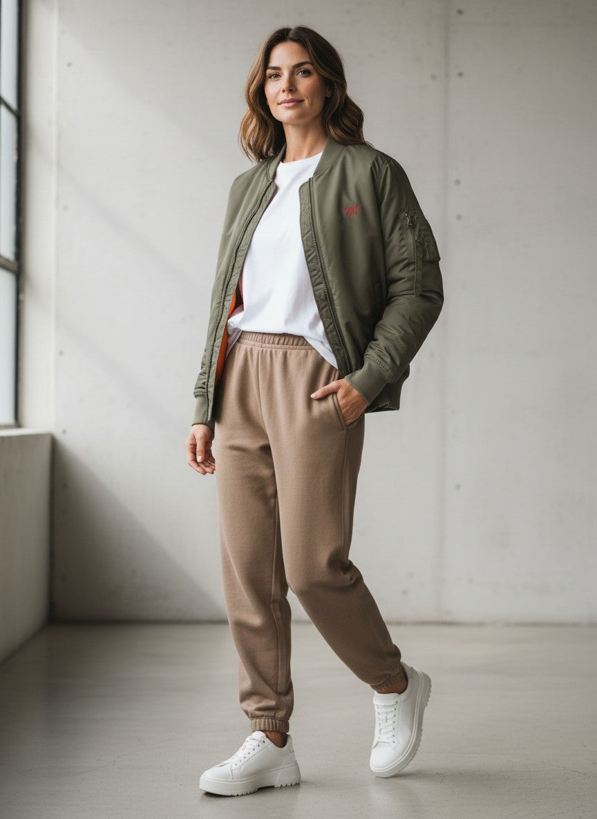 BeachBodyz® olive green bomber jacket with orange lining and red logo, featuring ribbed cuffs and hem.