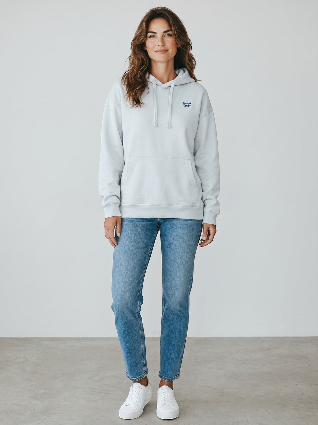 BeachBodyz® light blue oversized hoodie with embroidered logo on chest, made from organic cotton.