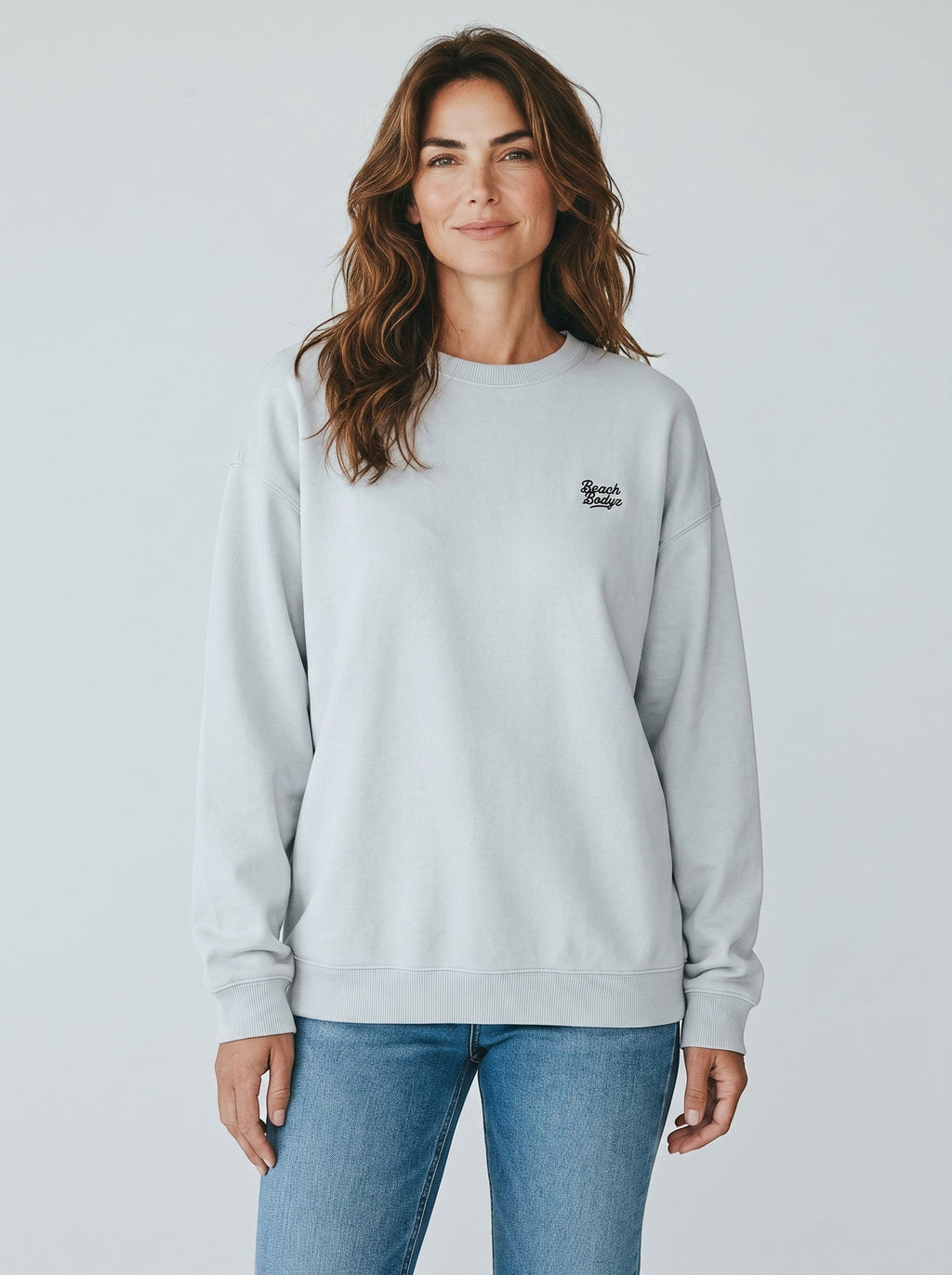 BeachBodyz® light blue oversized sweatshirt made from organic cotton with embroidered logo on chest.