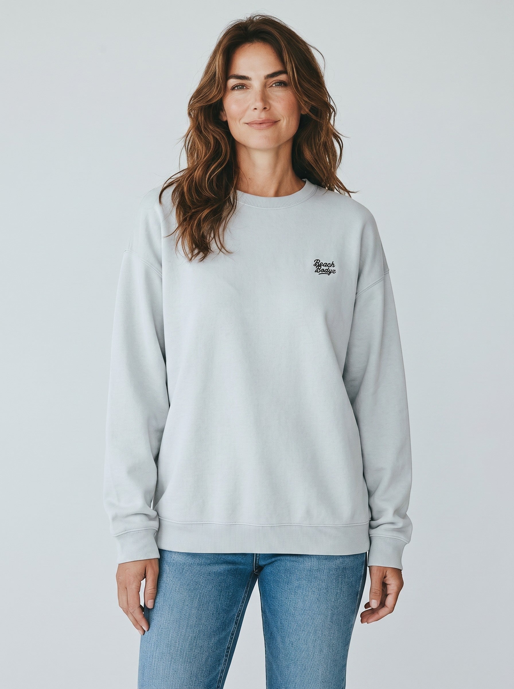 BeachBodyz® light blue oversized sweatshirt made from organic cotton with embroidered logo on chest.