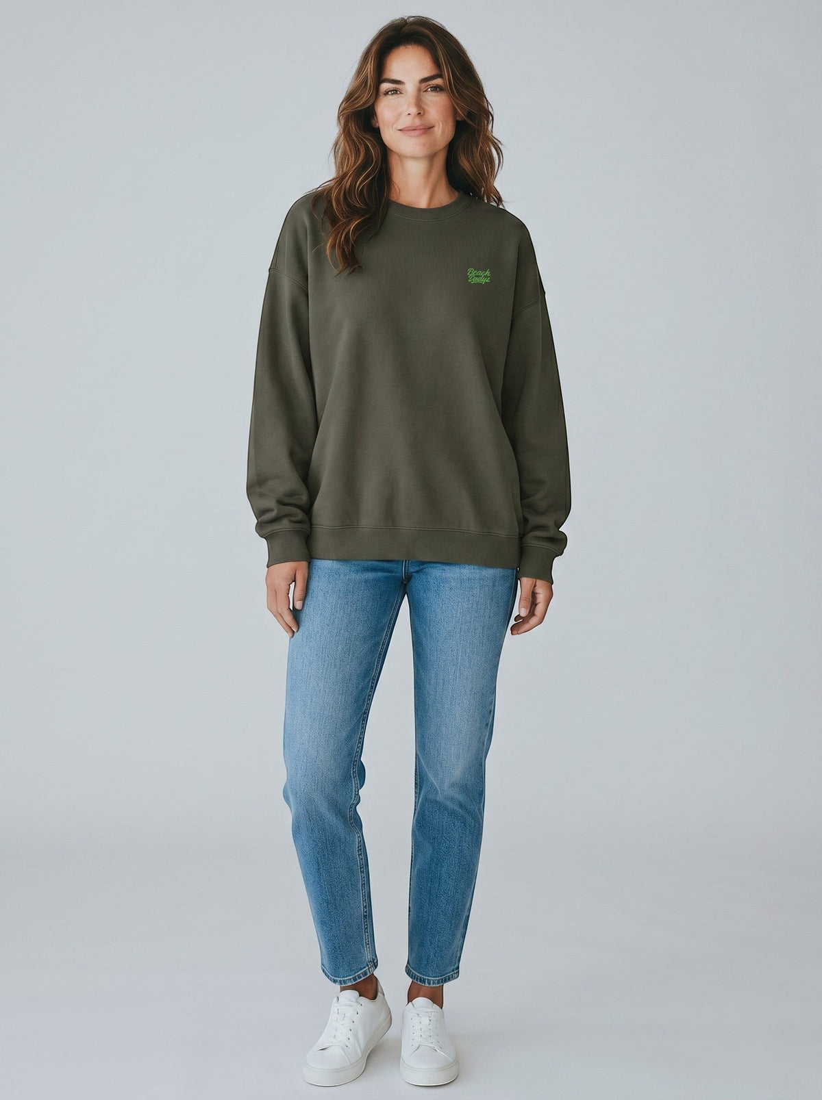 BeachBodyz® oversized crewneck sweatshirt in dark olive green, made from organic cotton with a small neon green embroidered logo on the chest.