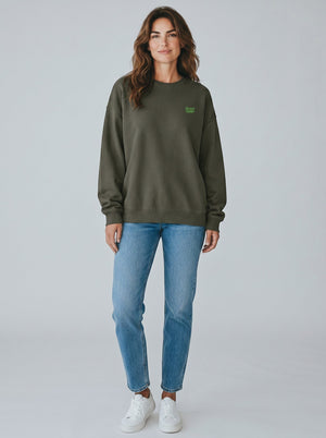 BeachBodyz® oversized crewneck sweatshirt in dark olive green, made from organic cotton with a small neon green embroidered logo on the chest.