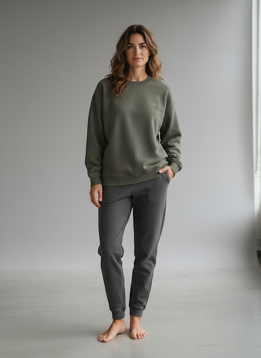 BeachBodyz® olive green oversized sweatshirt made from organic cotton with embroidered logo on chest.