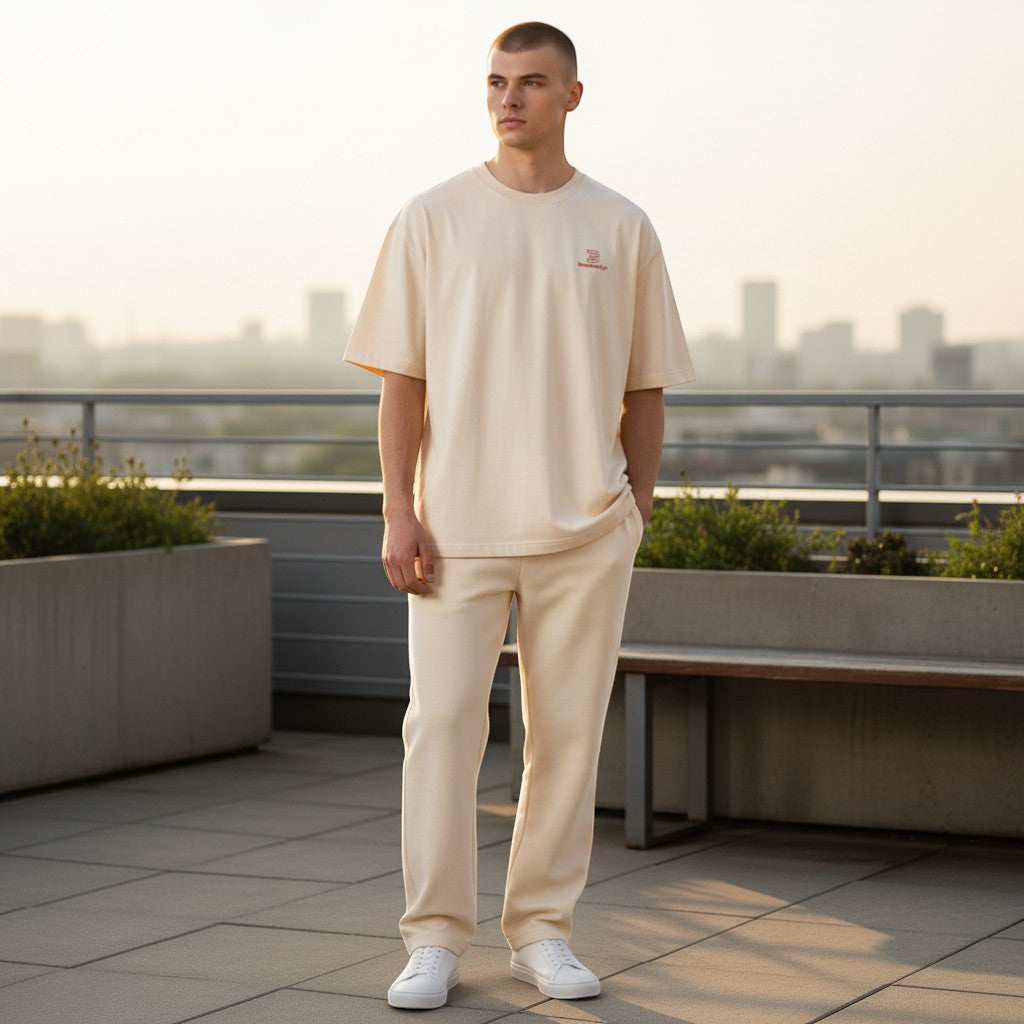 BeachBodyz® oversized cream cotton t-shirt with red embroidered logo on chest. Short sleeves, crew neck, relaxed fit.