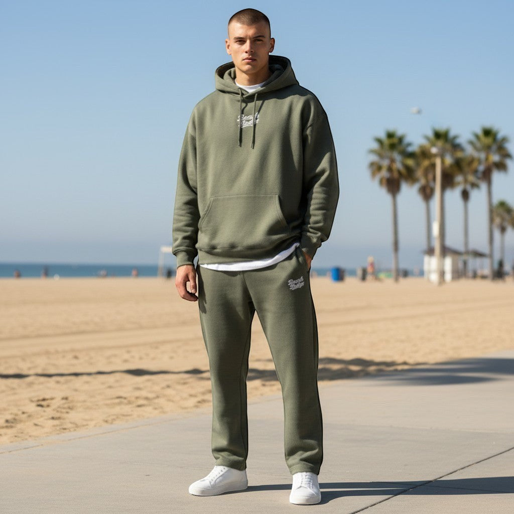 BeachBodyz® oversized olive green cotton-blend hoodie with white embroidered logo, hood, and kangaroo pocket.