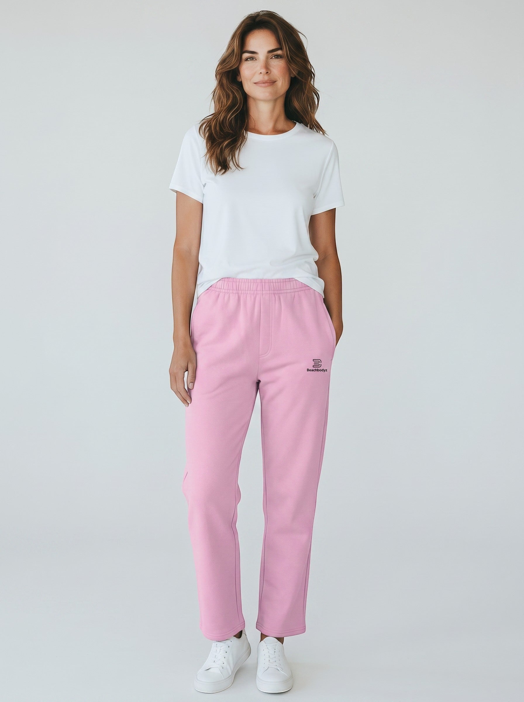 BeachBodyz® light pink cotton blend standard fit jogging pants with elastic waistband and subtle logo.