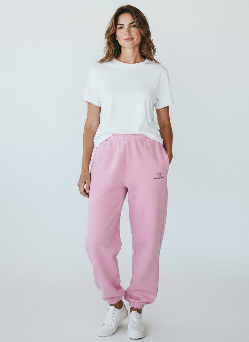 BeachBodyz® soft pink fluffy oversized jogging pants with elastic waistband and cuffs, perfect for casual wear.