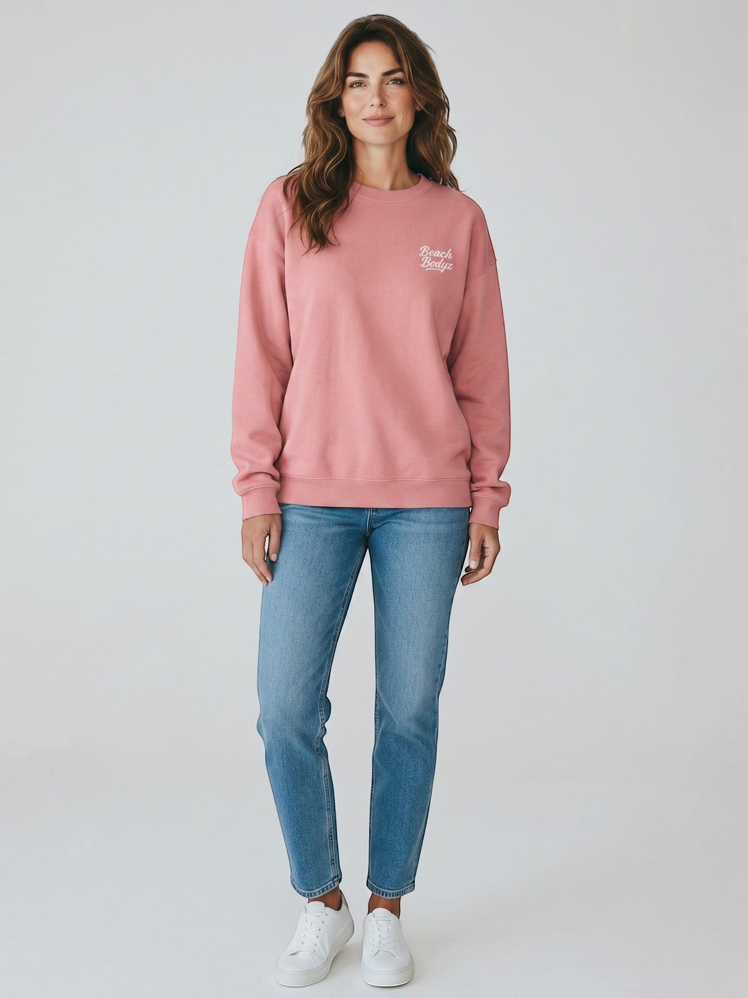 BeachBodyz® pink oversized organic cotton sweatshirt with subtle embroidered logo on chest.