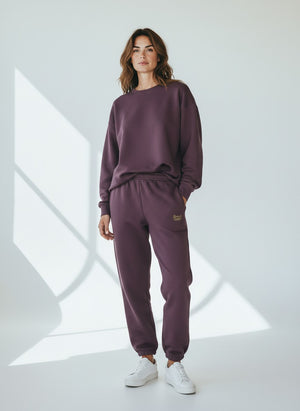 BeachBodyz® plum purple fluffy cotton blend jogging pants with elastic waistband and drawstring.