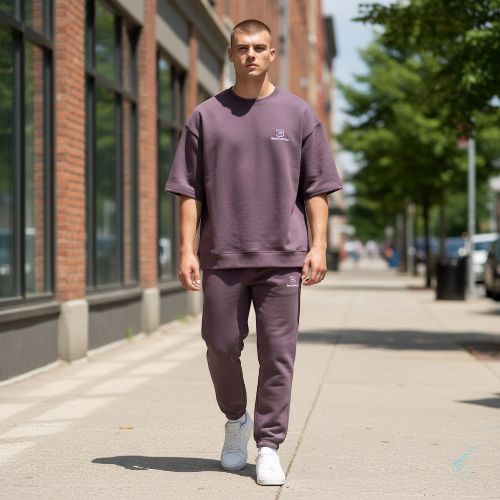 BeachBodyz® plum purple cotton blend joggers with elastic waistband and white logo.