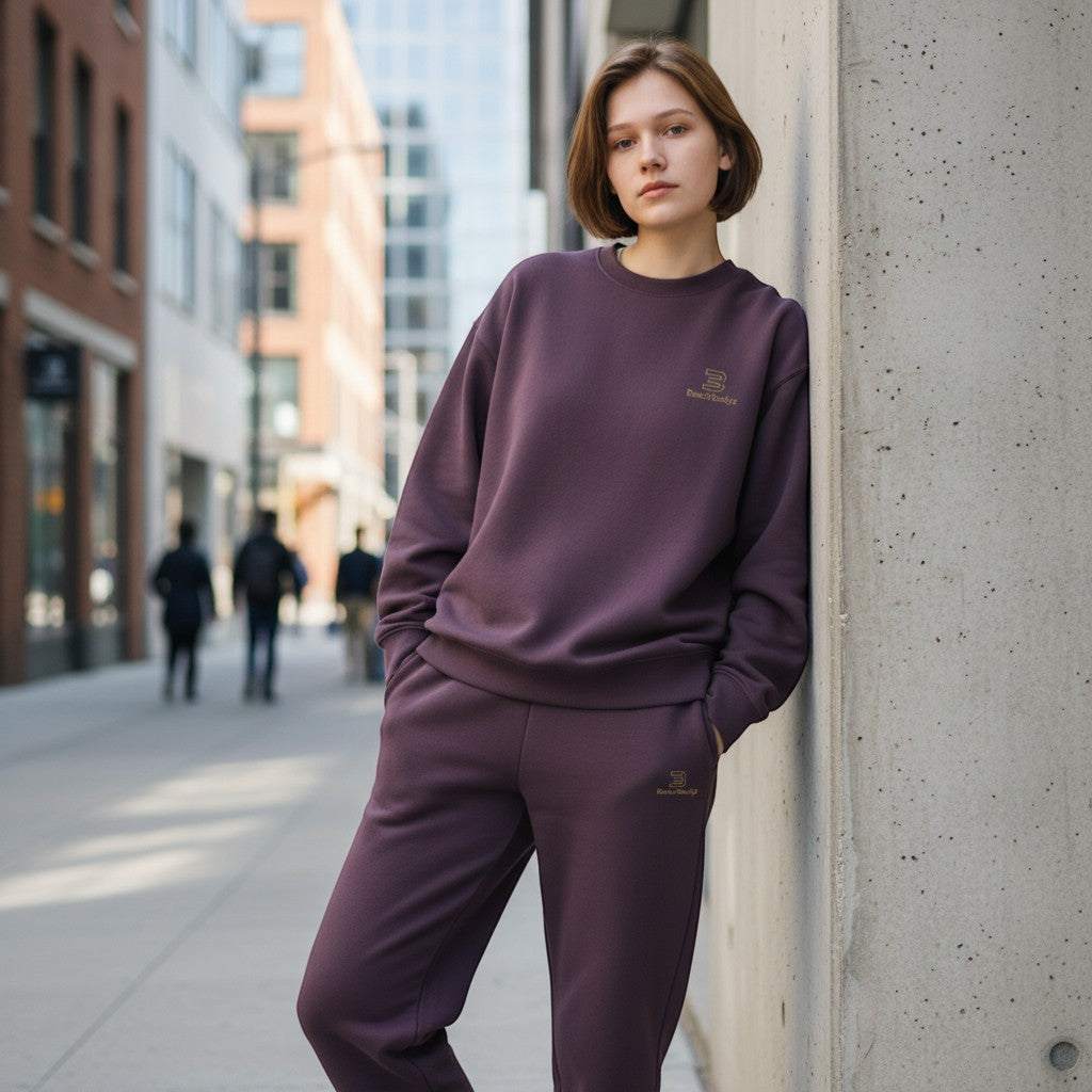 BeachBodyz® plum purple cotton blend jogging pants with elastic waistband and embroidered logo.