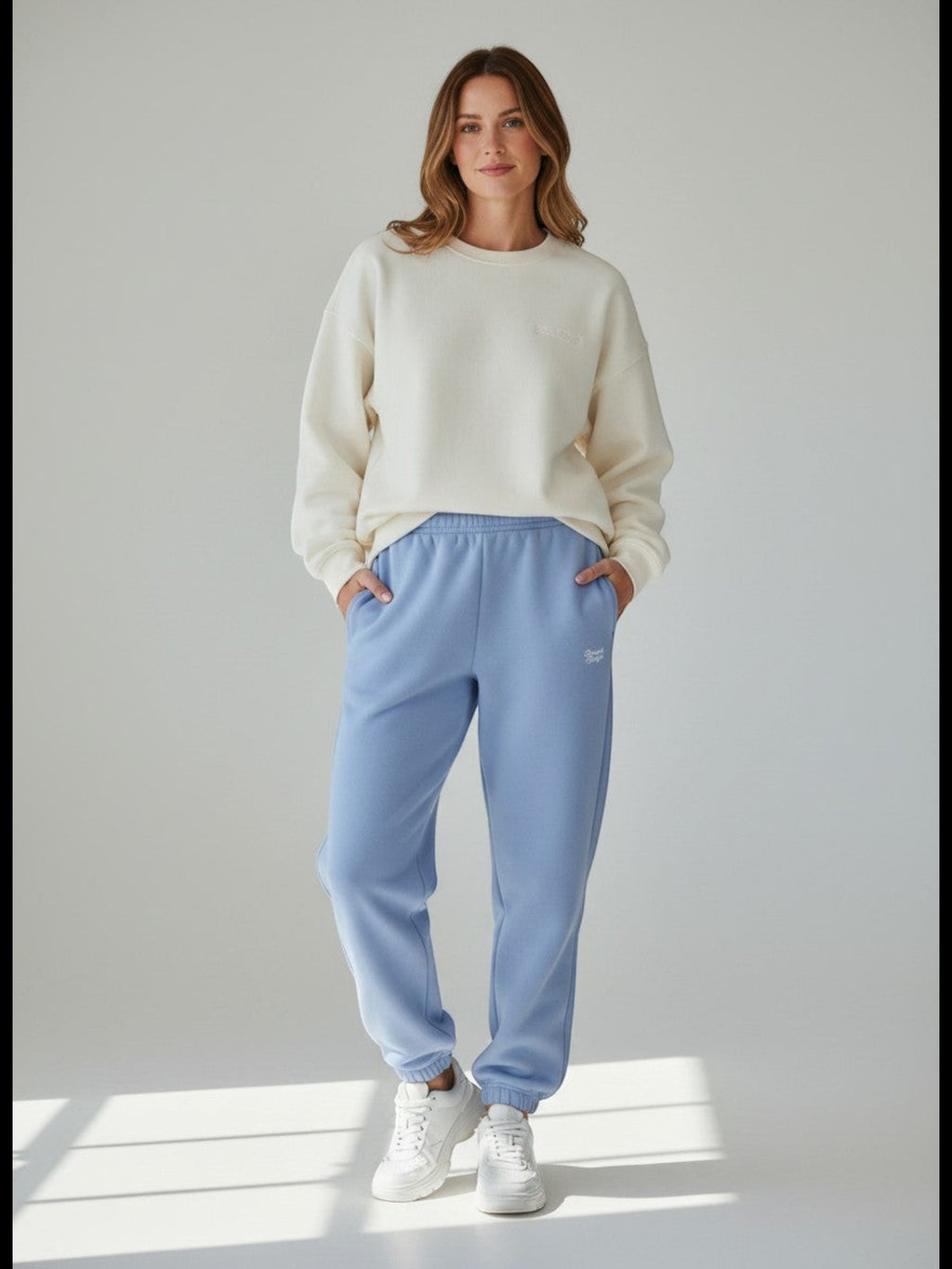 BeachBodyz® powder blue oversized fluffy jogginghose with elastic waistband and subtle embroidered logo.