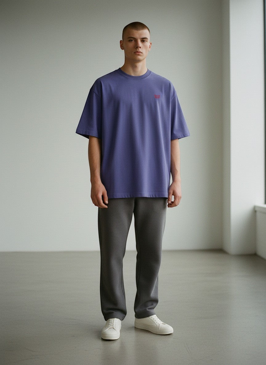 BeachBodyz® purple oversized t-shirt made from bio-cotton with red embroidered logo on chest.