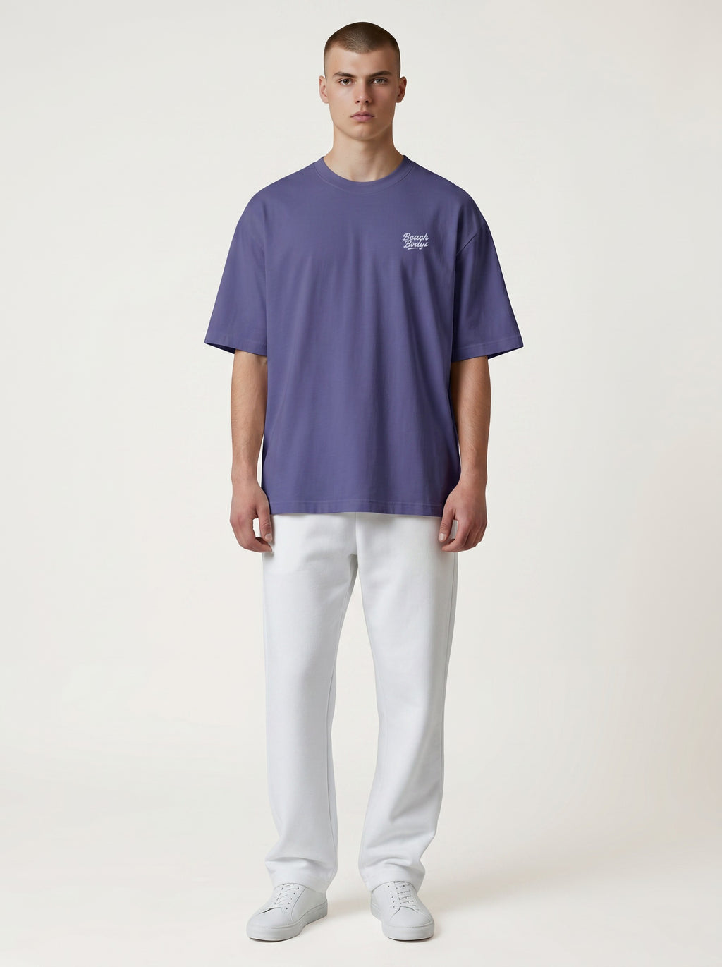 BeachBodyz® oversized purple cotton t-shirt with subtle white chest embroidery and crew neck.