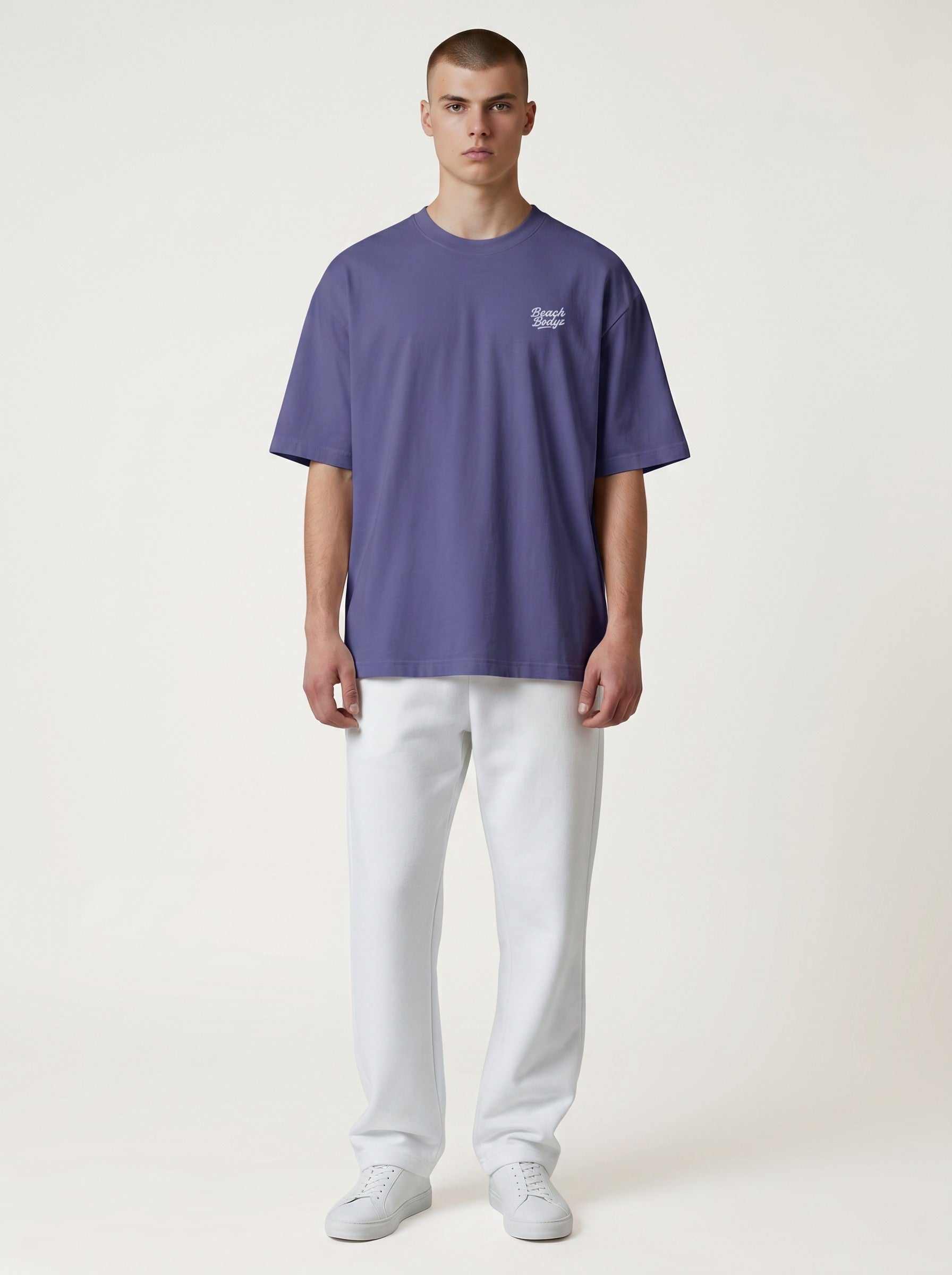 BeachBodyz® oversized purple cotton t-shirt with subtle white chest embroidery and crew neck.