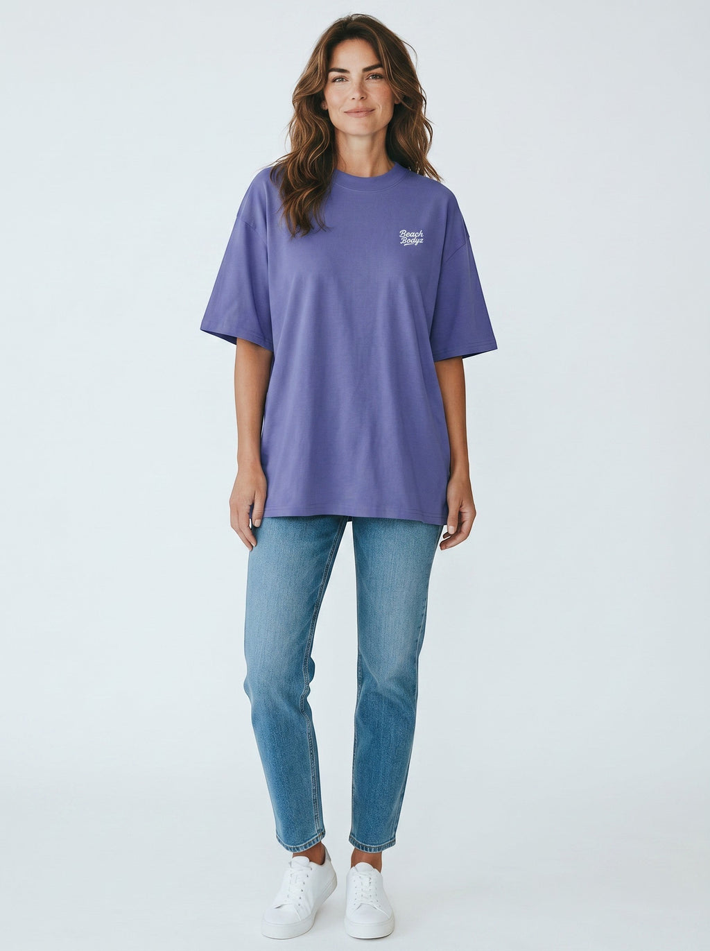 BeachBodyz® oversized purple cotton t-shirt with subtle embroidered logo on chest.