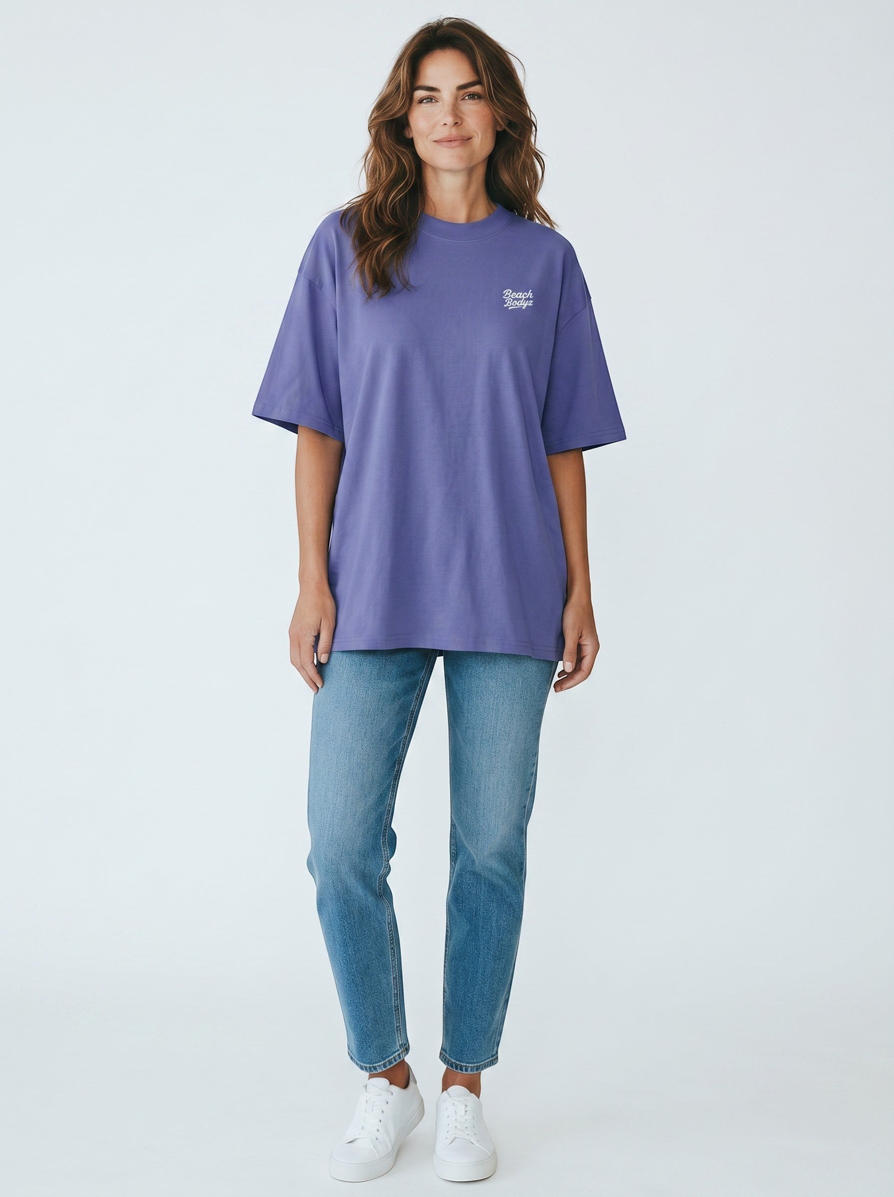 BeachBodyz® oversized purple cotton t-shirt with subtle embroidered logo on chest.