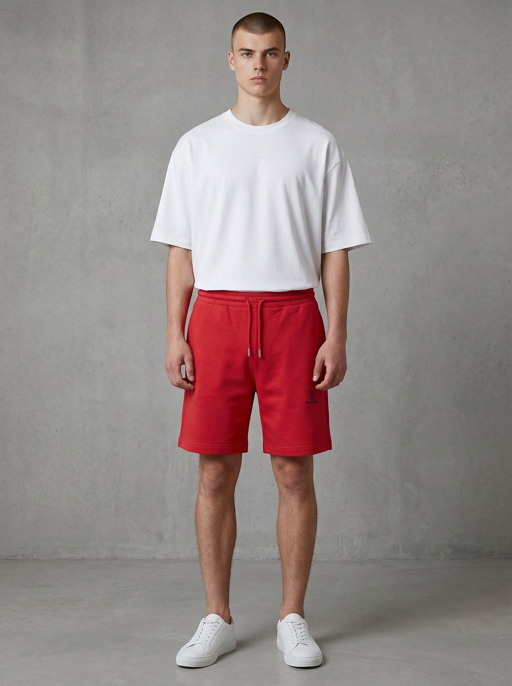 BeachBodyz® red cotton blend jogger shorts with embroidered logo and drawstring waist.