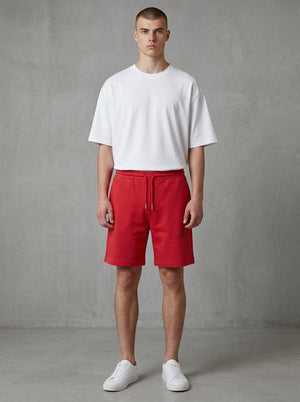 BeachBodyz® red cotton blend jogger shorts with embroidered logo and drawstring waist.