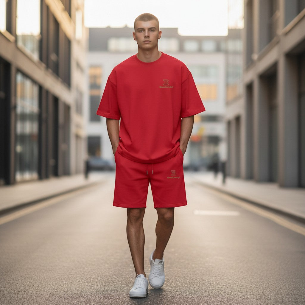 BeachBodyz® red cotton-blend jogger shorts with drawstring waist and embroidered logo.