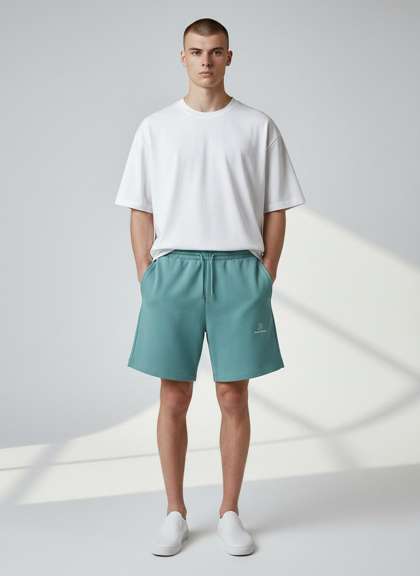 BeachBodyz® teal blue jogger shorts with embroidered logo on the right leg, made from soft cotton.